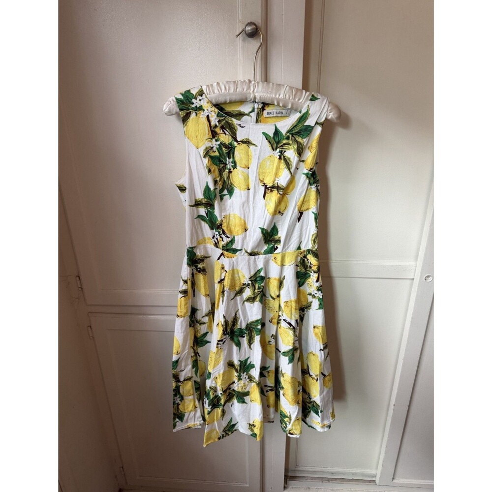 Grace Karin White Lemon Print Fit Flare Dress Sleeveless Retro - Medium